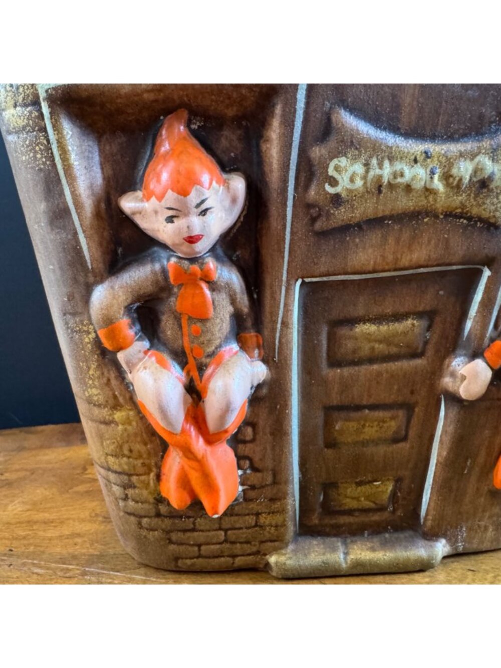 Vintage 1970s Gilner Pixie Elf School House Cottage Cookie Jar Orange Brown - Picture 2 of 16